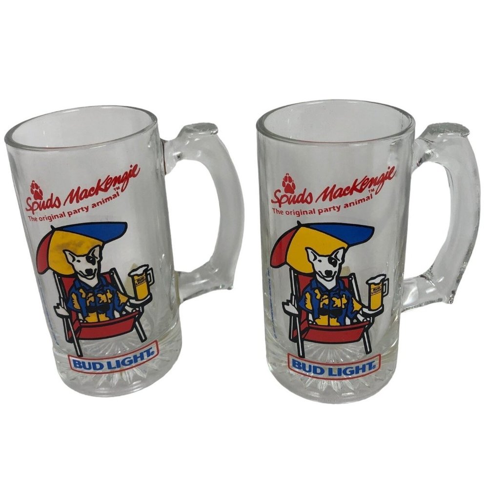 VTG 1987 Spuds Mackenzie on the Beach Bud Light Glass Beer Mug - Set of 2